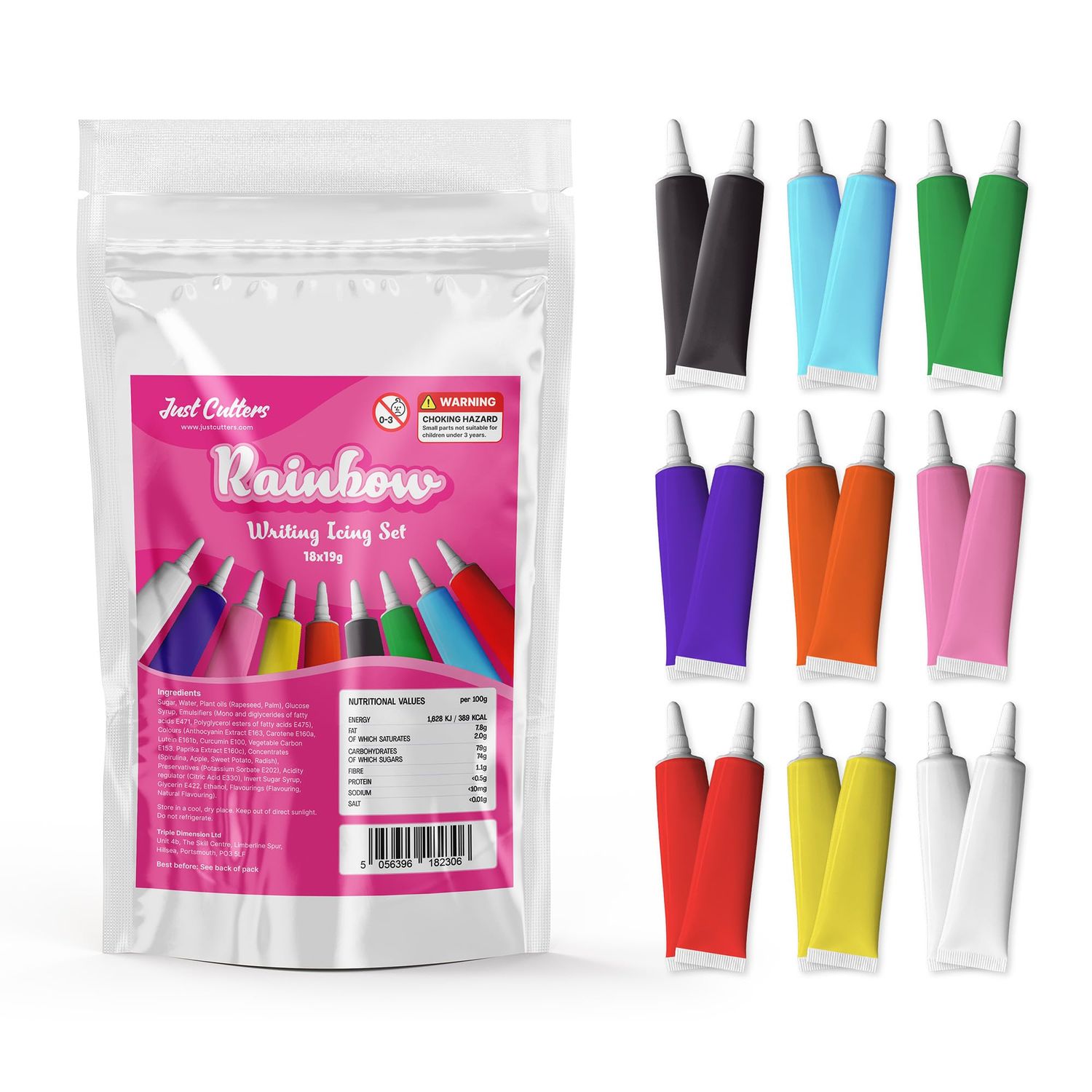 JUST CUTTERS Ready to Use Writing Icing Tubes, 342g Net Weight (18 x 19g), Instant Icing Pens for Cakes, Biscuits &amp; Baking (Multi Coloured - 18 pack)