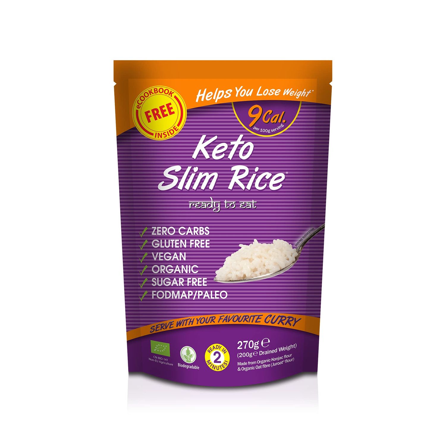 Eat Water Keto Slim Rice (Pack of 5 x 270g) Instant Organic Konjac Rice, Zero Carb, Low Calorie, Gluten, Fat &amp; Sugar Free, Ready to Eat, Vegan High Fibre Food for Paleo Diet Friendly