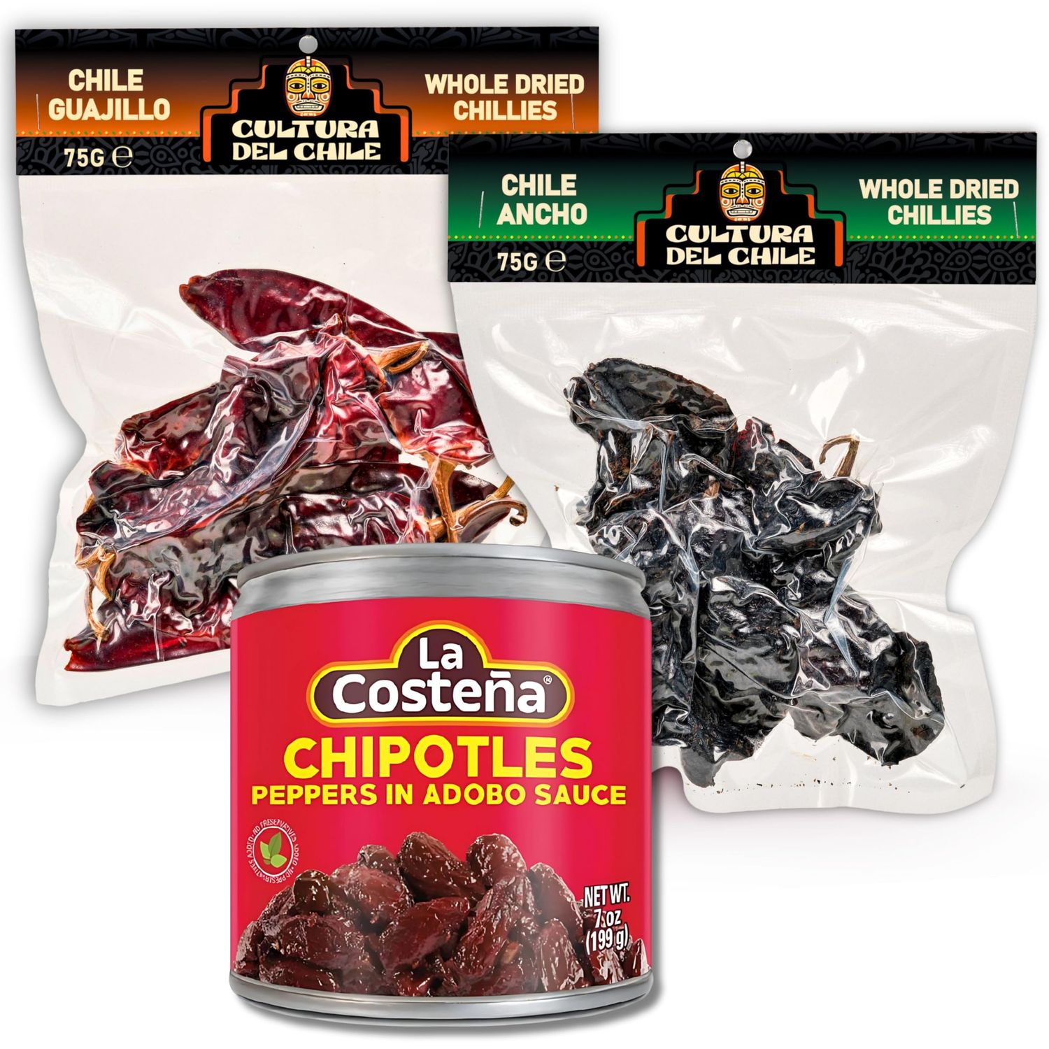 Mexican Chilli Bundle - 3-Pack of 75g Cultura Del Chile Dried Chillies: Ancho, Guajillo &amp; La Costena Chipotle in Adobo 199g - Authentic Mexican Flavours
