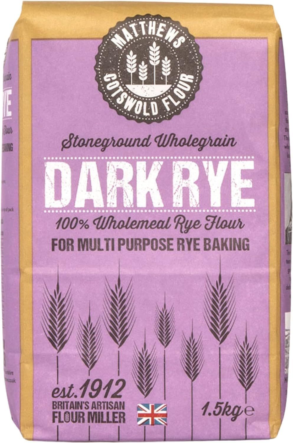 Matthews Cotswold Stoneground Wholegrain Dark Rye Flour - 1.5kg Bag (Single Bag)