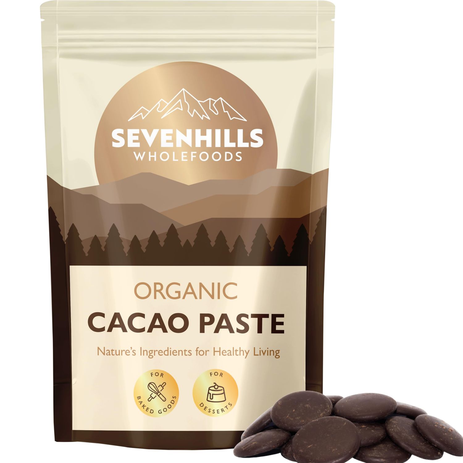 Sevenhills Wholefoods Organic Cacao Paste (Liquor, Mass) Wafers/Discs 500g for Hot Chocolate &amp; Baking, Unsweetened, Buttons, Drops