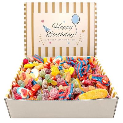 SweetCrate Happy Birthday Sweet Hamper 1kg - Fizzy &amp; Jelly Pick n Mix Sweets Gift Box - Ready Wrapped Present for Kids, Women &amp; Men