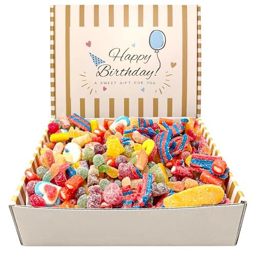 SweetCrate Happy Birthday Sweet Hamper 1kg - Fizzy &amp; Jelly Pick n Mix Sweets Gift Box - Ready Wrapped Present for Kids, Women &amp; Men
