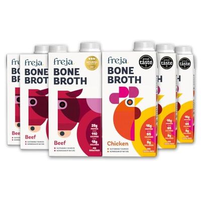 Freja Best of Bone Broth Mixed Pack Sipping Broth Selection Beef &amp; Chicken Premium Liquid Broth Low Calorie High Protein &amp; Collagen Not from Concentrate, Powder or Cubes 6 x 500ml
