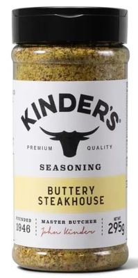 Kinder's Buttery Steakhouse Seasoning, 295g - Rich &amp; Savoury Blend with Real Butter Flavour, Perfect for Steaks, Vegetables, Grilling, Roasting, and Everyday Cooking, Gluten-Free &amp; No MSG
