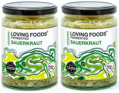 Loving Foods Award-Winning Organic & Made in the UK Sauerkraut (2 x 475g) Raw, Unpasteurised & Bursting with Beneficial Live Bacteria (2 x Jars)