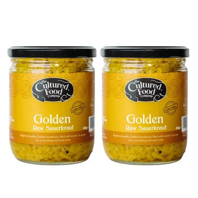 The Cultured Food Company Golden Sauerkraut 400g x 2 - Raw &amp; Unpasteurised Fermented Cabbage with Turmeric &amp; Ginger - Probiotic Rich - Vegan