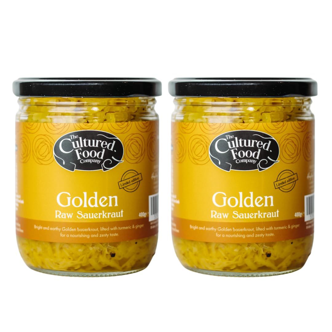 The Cultured Food Company Golden Sauerkraut 400g x 2 - Raw &amp; Unpasteurised Fermented Cabbage with Turmeric &amp; Ginger - Probiotic Rich - Vegan