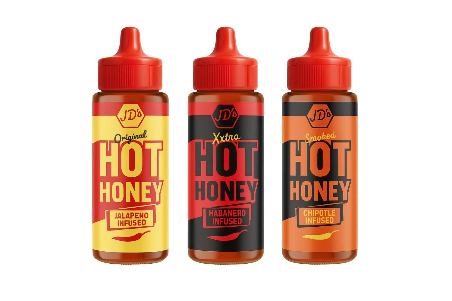 JD s Hot Honey Sauce Set (3 x 260g) - Original, Extra Hot &amp; Chipotle Infused - Sweet &amp; Spicy Chilli Honey for Pizza, Chicken, BBQ &amp; Marinades - Squeeze Bottle Trio