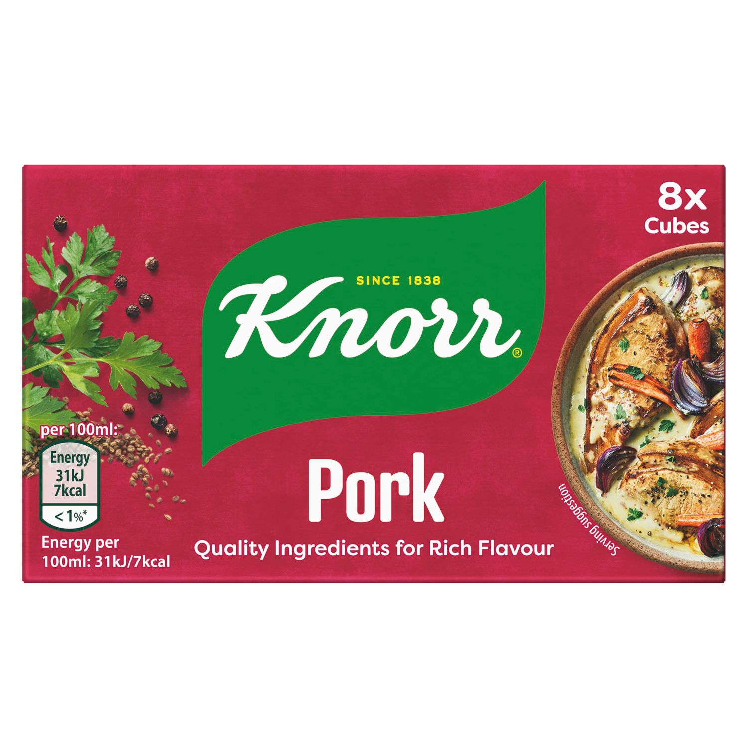 Knorr Pork Stock Cubes gluten-free to add a rich pork flavour to your dishes 8x 10 g