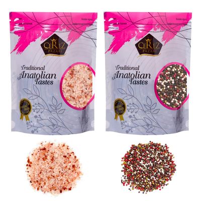 Cerez Pazari Rainbow Peppercorn Blend 200g and Himalayan Pink Salt (Coarse Grain) 650g, Whole Black, Pink, Green, White Color Pepper For Grinders Refills Cerez Pazari Rainbow Peppercorn Blend 200g and Himalayan Pink Salt (Coarse Grain) 650g, Whole Black, Pink, Green, White Color Pepper For Grinders Refills