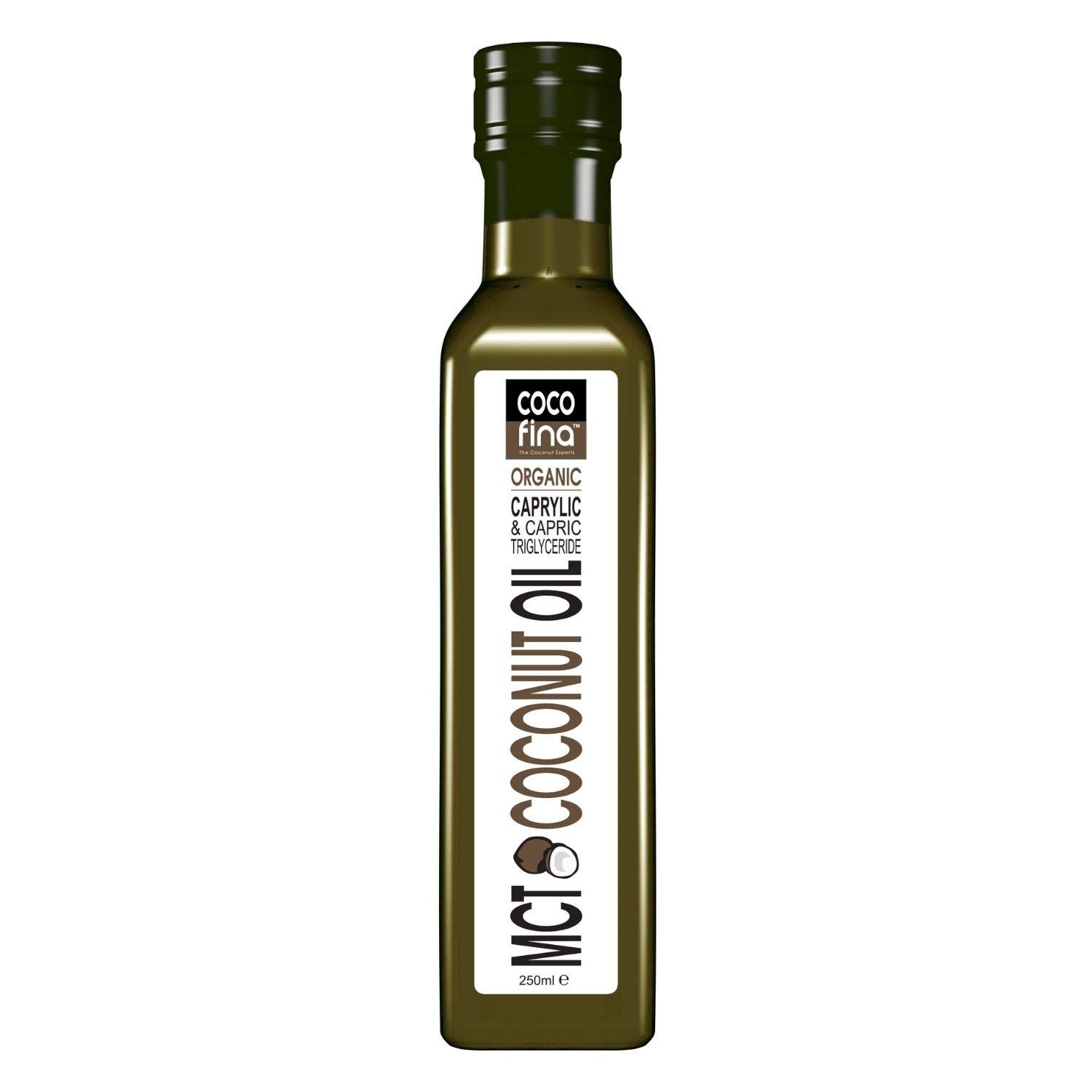 Cocofina Organic MCT Oil C8 C10 Liquid Coconut Oil for Keto Diets &amp; Bulletproof coffee high octane Gluten Free Palm Oil Free GMO Free in Opaque Glass Bottle Kind on Tummy - 250ml