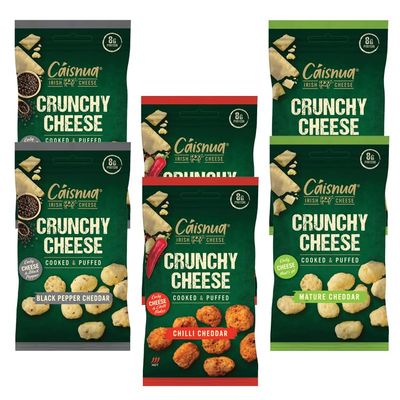 Cáisnua Crunchy Keto Snacks Multipack Pack of 6 x 20g - 8g Protein, Low Carb, Mature Cheddar, Black Pepper, Chilli Cheese Crisps Multipack, Cheese Snacks Vegetarian, Gluten Free