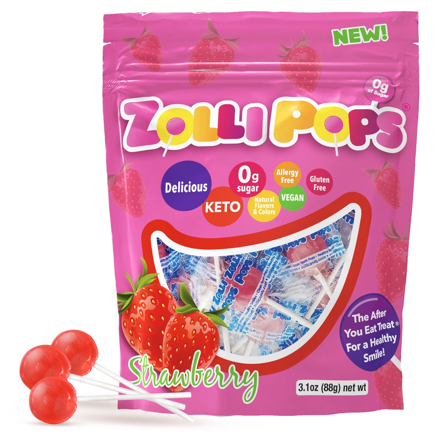 Zollipops Clean Teeth Pops, Anti Cavity Lollipops, Strawberry, 15 Count by Zollipops