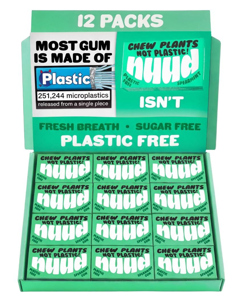 Nuud Plastic Free Chewing Gum Plant Based Aspartame Free Xylitol Biodegradable Sugar Free Chewing Gum 12 Packs of 9 Pieces (Spearmint)