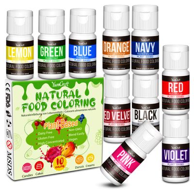 Natural Food Colouring Kit - 10 Plant-Based Organic Vibrant Liquid Food Colourings Artificial Dye Free 100% Natural Non-GMO Food-Grade Colourings for Cake Decorating, Baking, Frosting, Fondant