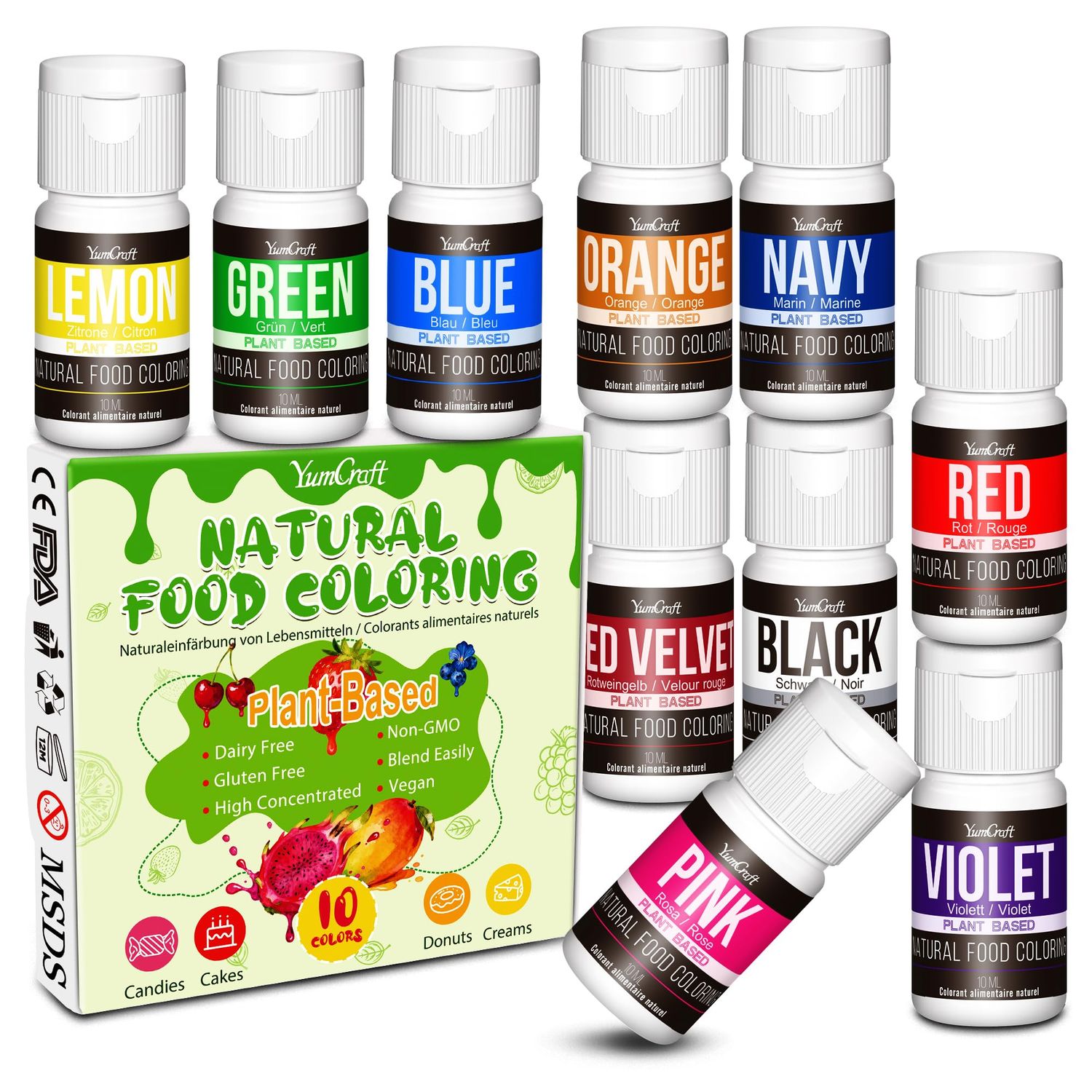 Natural Food Colouring Kit - 10 Plant-Based Organic Vibrant Liquid Food Colourings Artificial Dye Free 100% Natural Non-GMO Food-Grade Colourings for Cake Decorating, Baking, Frosting, Fondant