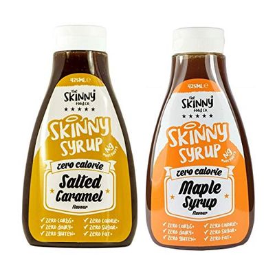 The Skinny Food Co Syrup Twin Pack - Salted Caramel &amp; Maple Syrup Dessert Topping Sugar Free Zero Calories Guilt Free Sauce