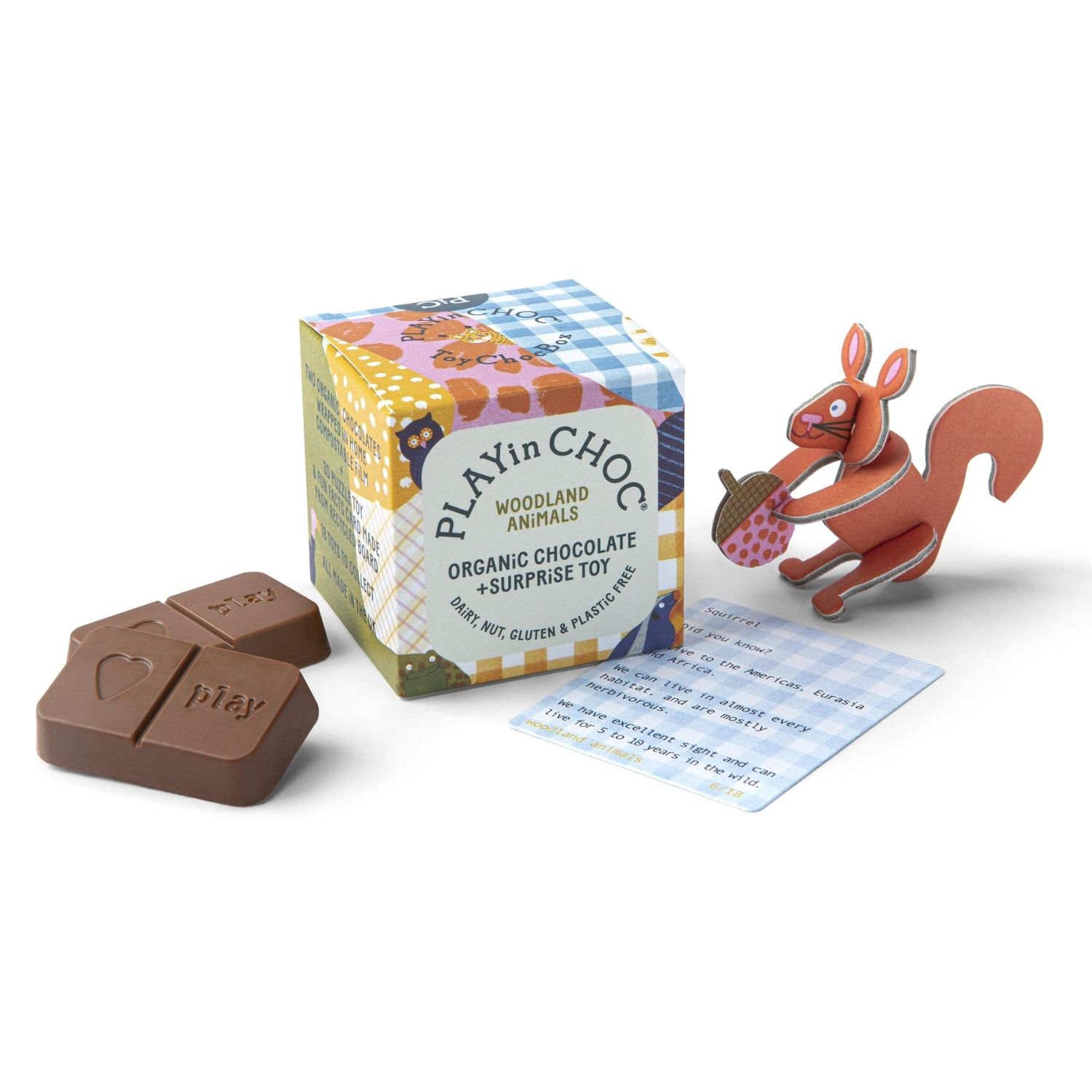 PLAYin CHOC ToyChoc Box, Organic Chocolate Gift Box for Kids With Surprise 3D Puzzle Toy, Gluten, Nut &amp; Dairy Free Chocolate, Award Winning Vegan UK Chocolatier - Woodland