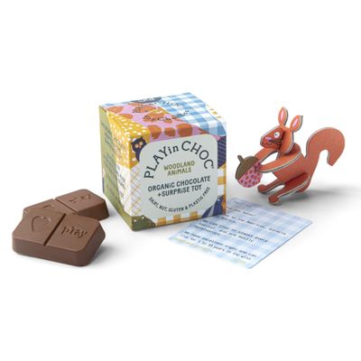 PLAYin CHOC ToyChoc Box, Organic Chocolate Gift Box for Kids With Surprise 3D Puzzle Toy, Gluten, Nut &amp; Dairy Free Chocolate, Award Winning Vegan UK Chocolatier - Woodland
