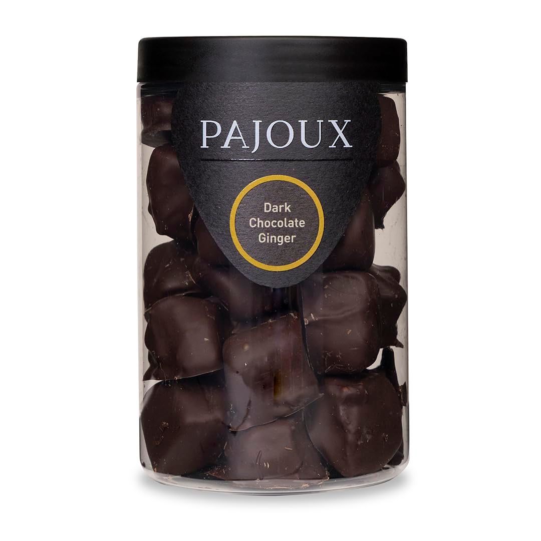 Pajoux Dark Chocolate Ginger Hand-Dipped (Large) 260g Dark Chocolate Covered Fruit - Crystallised Ginger - Palm Oil Free - Chocolate in a Gift Jar
