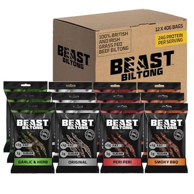 Beast Pharm Biltong Beef Protein Snacks 12 Pack, 24g Protein per 40g Bag, Meat Keto Snacks Food 4 Assorted Flavours
