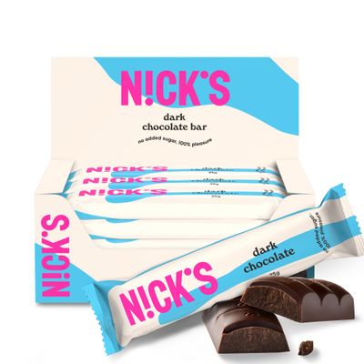 NICKS Dark Chocolate Vegan Keto Bars 1.1g Net Carbs, No Added Sugar, 107 Calories, Low Carb Sweets, Gluten Free Snack Bar (15x25g)