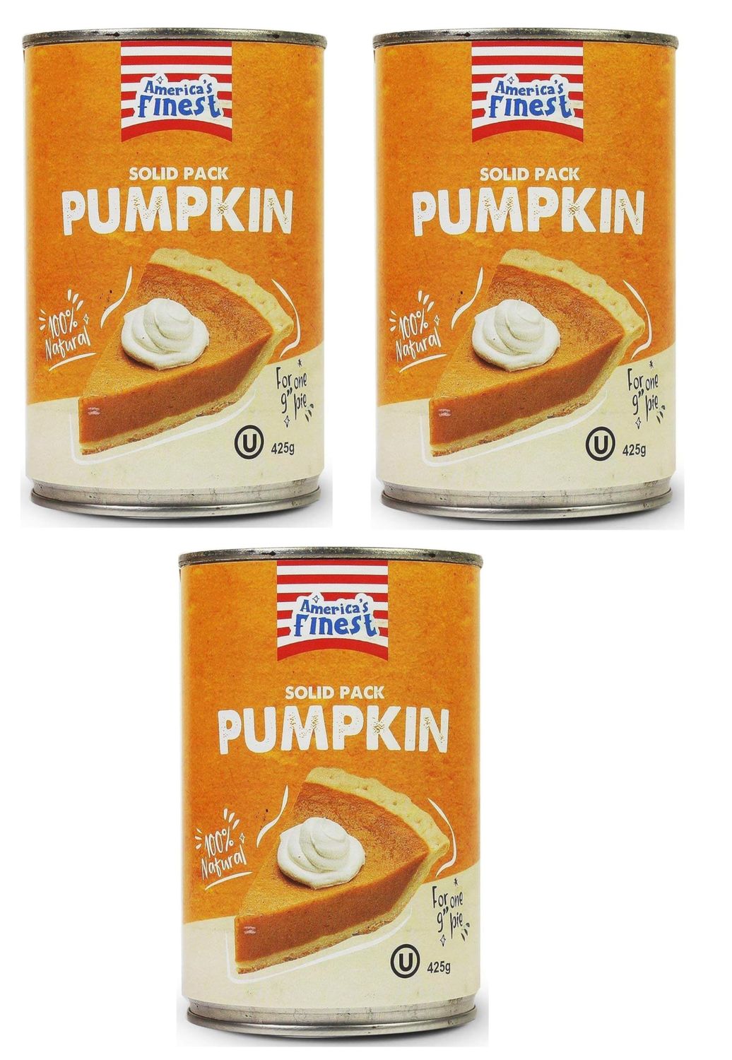 America's Finest Pack of 3 Pumpkin Puree - 100% Pure Pumpkin - 425g Tin Tinned Pumpkin