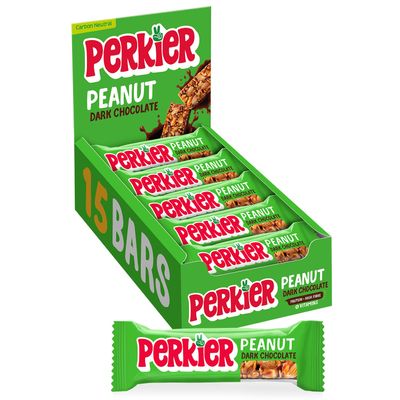 Perkier Peanut & Dark Chocolate Bars (15 Bars), Vegan, Gluten Free, Protein, Lower Sugar, Office Snacks, Healthy Snacks for Adults, Low Calorie, Halal, Breakfast Bar, High Fibre, Gut Health