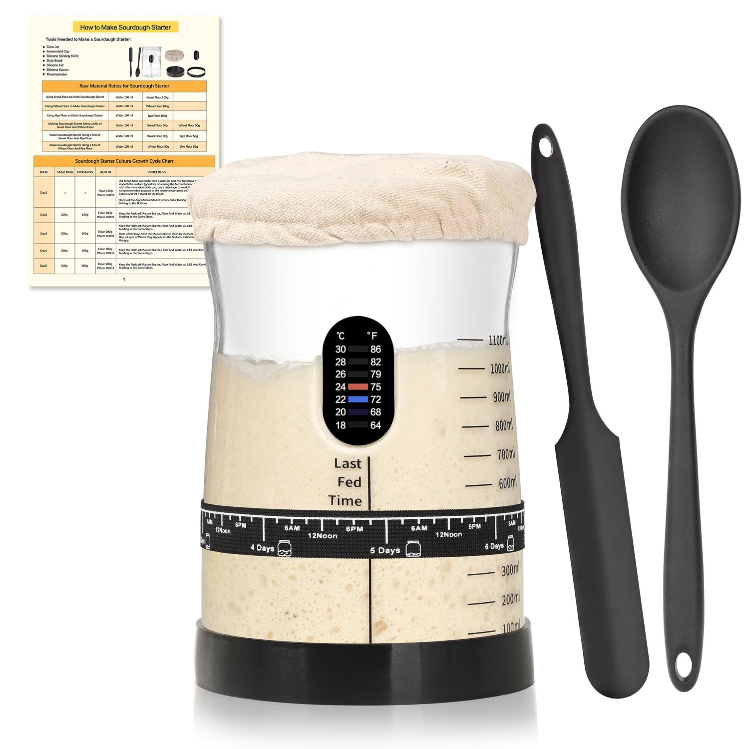 Coco Bird Pro Sourdough Starter Kit- 50oz Large Capacity Sourdough Starter Jar, 17 Flavorful Fermentation Recipes, Sourdough Bread Baking Supplies for Making Delicious Sourdough Breads(1PCS)