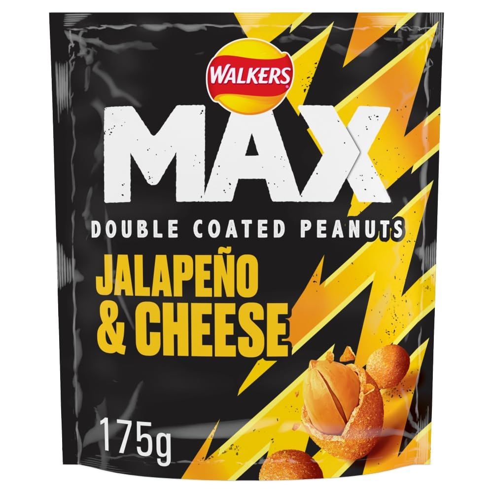Walkers Max Strong Jalapeño &amp; Cheese Sharing Double Coated Peanuts 175g (Case of 8), Yellow