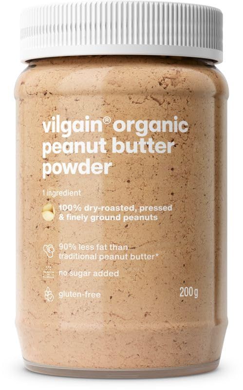 Vilgain 100% Organic Peanut Butter Powder Sugar-Free with 2X Fewer Calories Ideal for Smoothies &amp; Porridge Rich in Protein &amp; Fiber 46 kcal per Serving, 200g