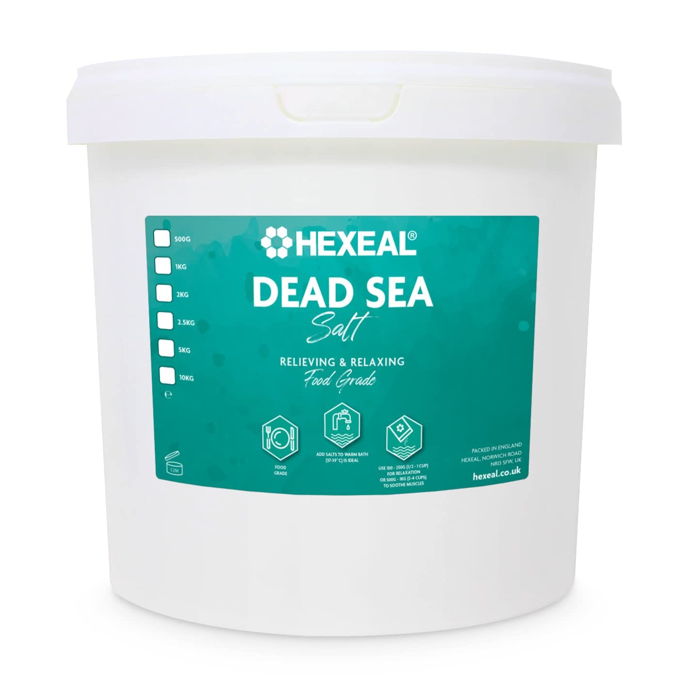 Hexeal Dead Sea Salt 5kg - 5kg Bucket of Food Grade Coarse Dead Sea Salt for Soothing Baths, Beauty &amp; Cosmetics - 100% Natural Salts for Bathing &amp; Relaxation
