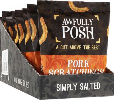 Awfully Posh Pork Scratchings (10x40G) Simply Salted Delightful Pork Scratchings Snack Made Using Prime Cuts, No Nasties A Bag of Perfectly Even Strips of Meaty Goodness A Cut Above the Rest!