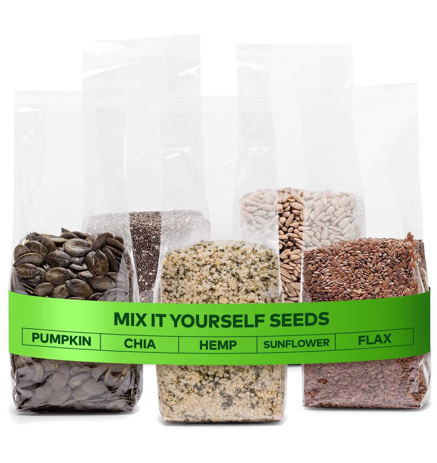 Jorus Mix It Yourself Seeds - 5 Separate Seed Packs for Custom Blends - Chia, Hemp, Pumpkin, Flax &amp; Sunflower, Natural Source of Fibre &amp; Protein, 5 × 200 g