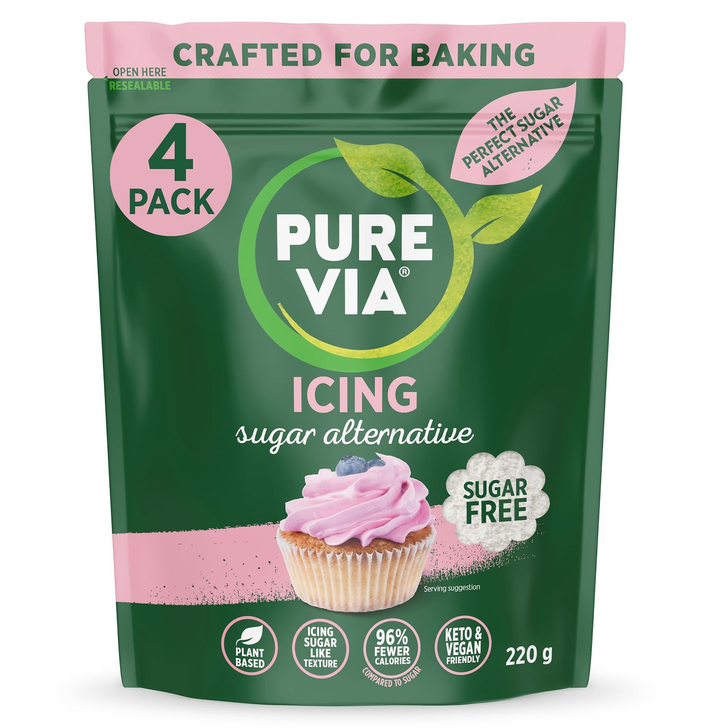 Pure Via Icing Sugar Alternative - Keto and Vegan Friendly Sweetener for Baking - 220G (Pack of 4)