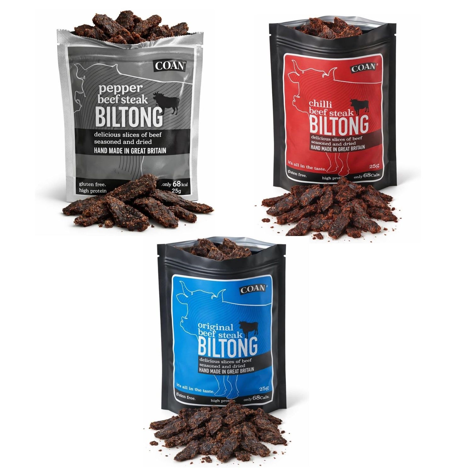 COAN Beef Biltong 3 x 25g - High Protein, Low Carb Savoury Snack - 15g Protein Per Bag - Made With British Beef (PAck of 3, Mix Bundle)