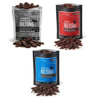 COAN Beef Biltong 3 x 25g - High Protein, Low Carb Savoury Snack - 15g Protein Per Bag - Made With British Beef (PAck of 3, Mix Bundle)
