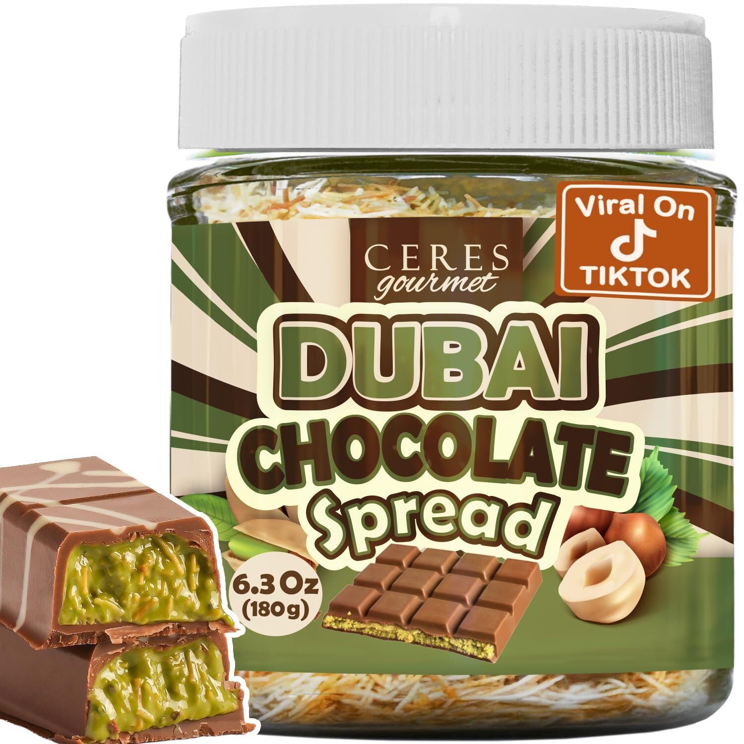 Dubai Chocolate Spread - 6.35 oz Jar with Pistachio, Kataifi &amp; Gourmet Dubai Chocolate Filling for Pancakes, Breakfast, Snacks, and Desserts