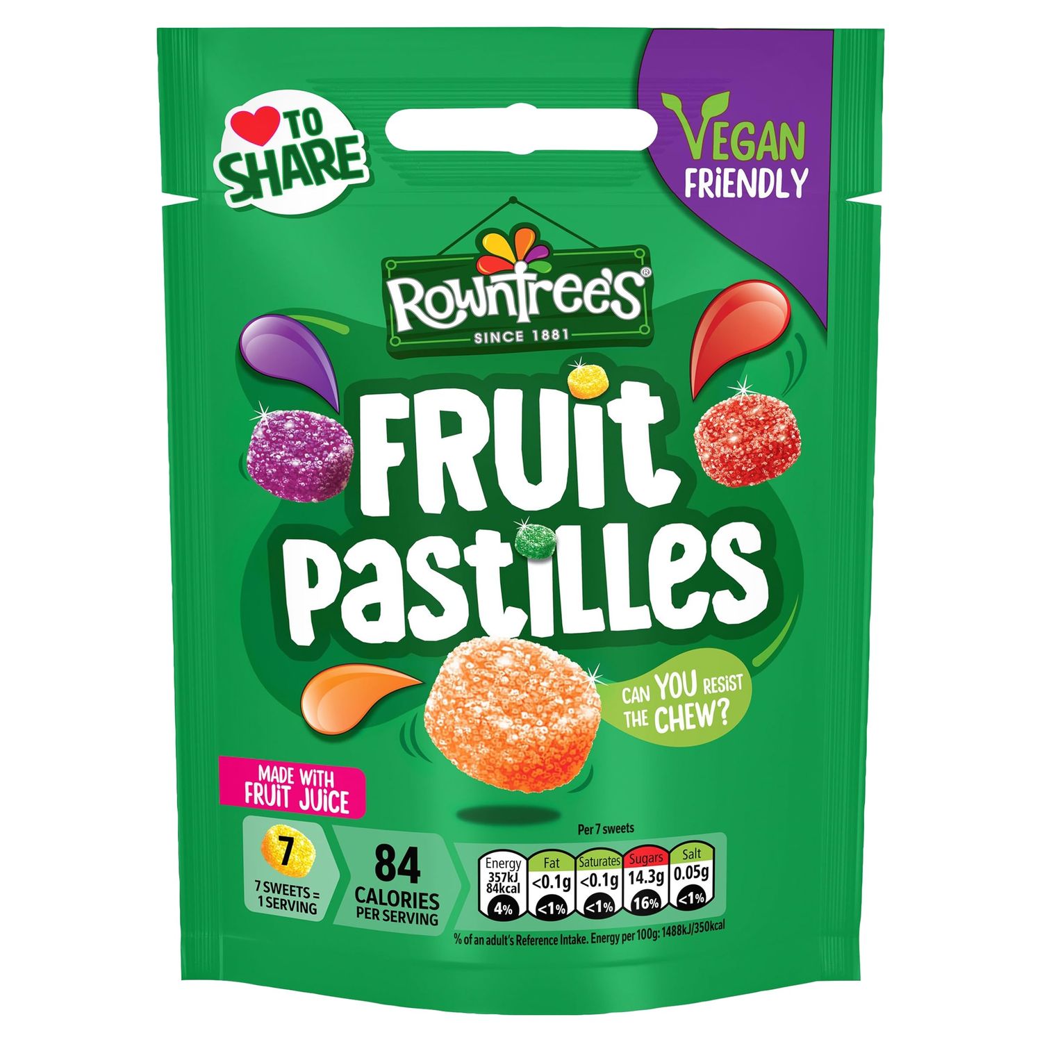 Rowntree's Fruit Pastilles Sweets Sharing Bag, Vegan Friendly, 10 x 143g 114g