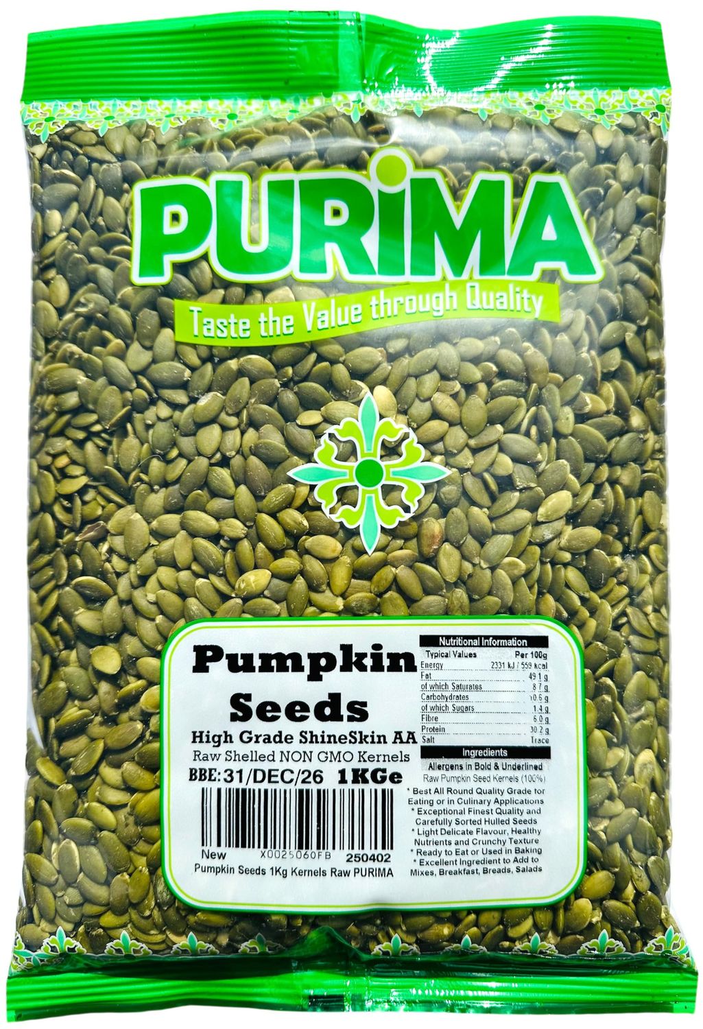 Pumpkin Seeds 1kg - SS AA Raw High Grade Seed - Ready to Eat Edible - For Human Consumption Without No Shell Whole Kernel UnRoasted UnSalted Shelled Large Bulk (Packaging May Vary) PURIMA
