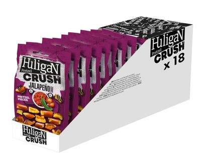 Huligan Jalapeno Pretzels Crush (Pack of 18 x 65G) - Baked Pretzel Thins Savoury Snacks Bulk Healthy Vegetarian Snack Box Jalepenos Crisps Multipack Pretzel Pieces