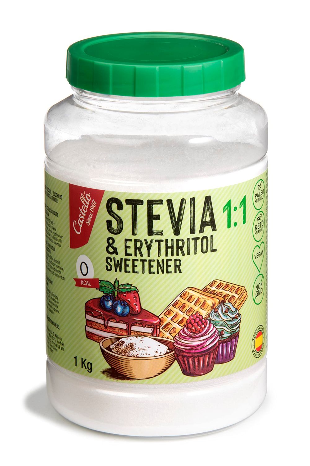 Castello since 1907 Stevia + Erythritol 1:1 Sweetener 1g = 1g of sugar 100% Natural taste Sugar Substitute - 0 Calories - 0 Glycemic Index - Keto and Paleo - 0 Net Carbohydrates - Non-GMO - 1kg
