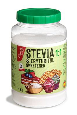 Castello since 1907 Stevia + Erythritol 1:1 Sweetener 1g = 1g of sugar 100% Natural taste Sugar Substitute - 0 Calories - 0 Glycemic Index - Keto and Paleo - 0 Net Carbohydrates - Non-GMO - 1kg
