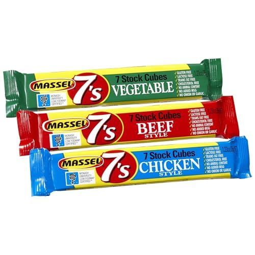 Massel 7's, Low Fodmap Stock Cubes, Variety, Vegan &amp; Gluten-Free, Pocket-Sized Broth Cubes, Beef, Chicken, and Vegetable Flavours, 35g, Pack of 9