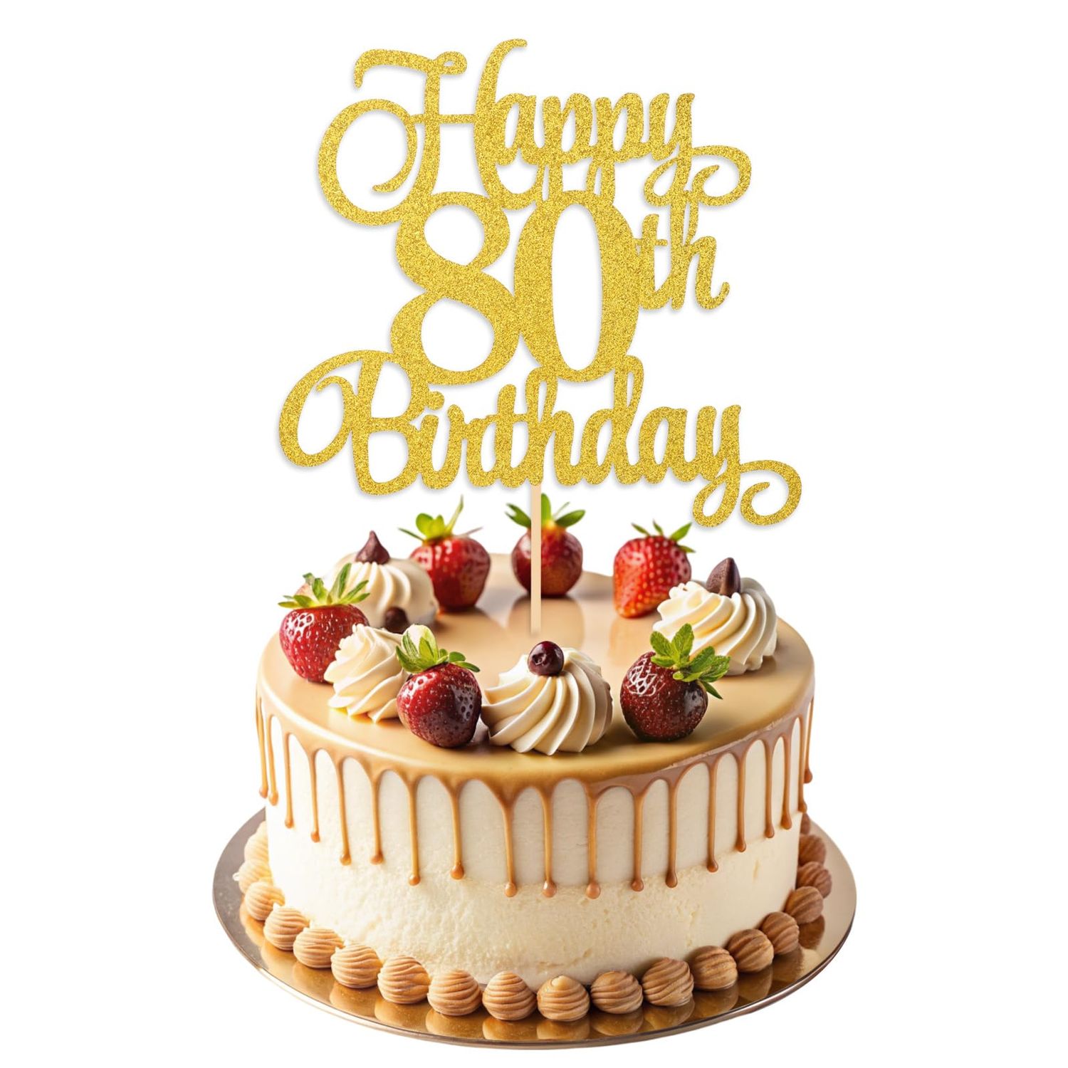 ZEYIYER Gold 80th Birthday Cake Toppers, 80th Happy Birthday Cake Decorations, Glitter Eighty Years Old Cakes Pick for Women Men Party Supplies