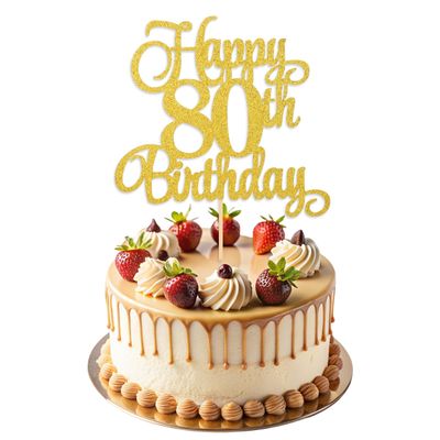 ZEYIYER Gold 80th Birthday Cake Toppers, 80th Happy Birthday Cake Decorations, Glitter Eighty Years Old Cakes Pick for Women Men Party Supplies