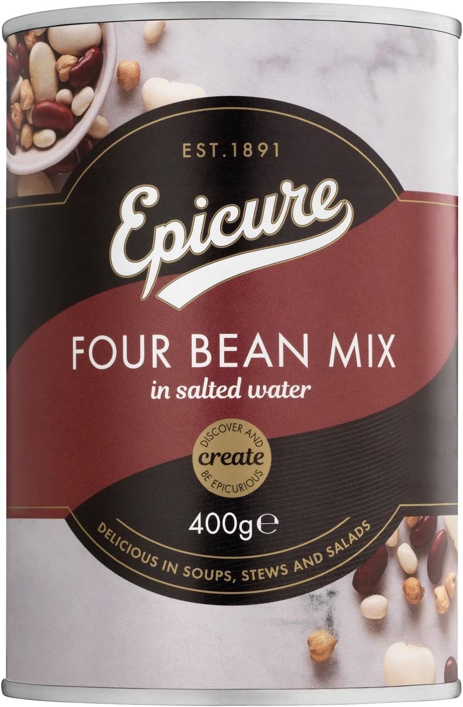 Epicure Four Bean Mix, Chickpeas, Cannellini, Butter &amp; Red Kidney Beans 400 g (Pack of 1)
