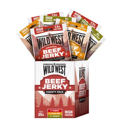 Wild West Beef Jerky Variety Pack 12 × 25g - 4 × Original, 4 × Honey BBQ, 4 × Jalapeño - High Protein Gluten Free Snack - No Added MSG - Ideal for Gym, Travel, Hiking & Everyday Energy