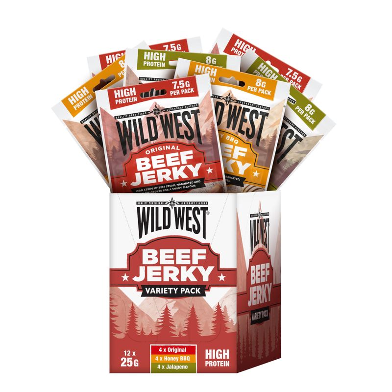 Wild West Beef Jerky Variety Pack 12 × 25g - 4 × Original, 4 × Honey BBQ, 4 × Jalapeño - High Protein Gluten Free Snack - No Added MSG - Ideal for Gym, Travel, Hiking &amp; Everyday Energy